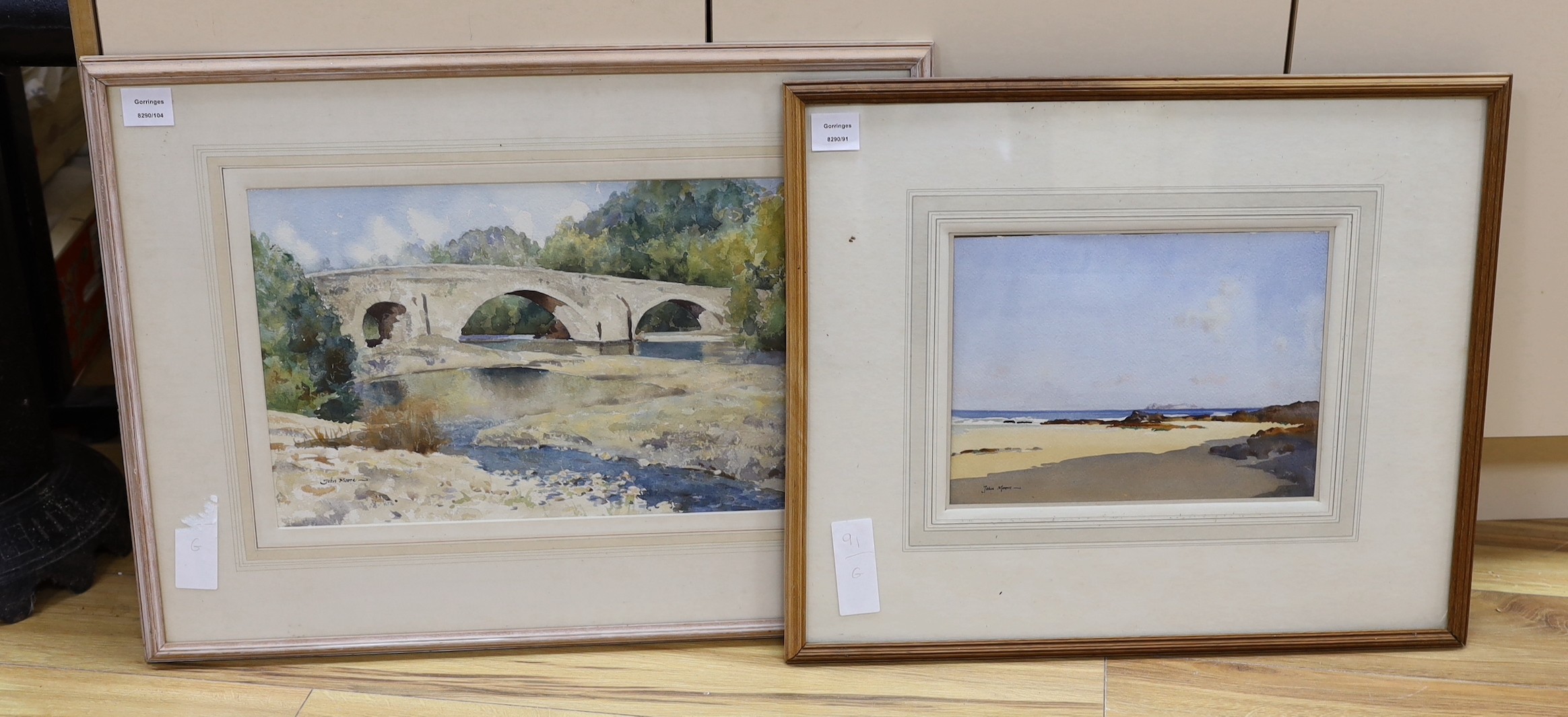 Rear Admiral Humfrey John Bradley Moore, CBE, RI (British, 1898-1985), two watercolours, 'The Old Bridge, Viviers' and 'Beach scene', both signed, 30 x 46cm and 24 x 23cm